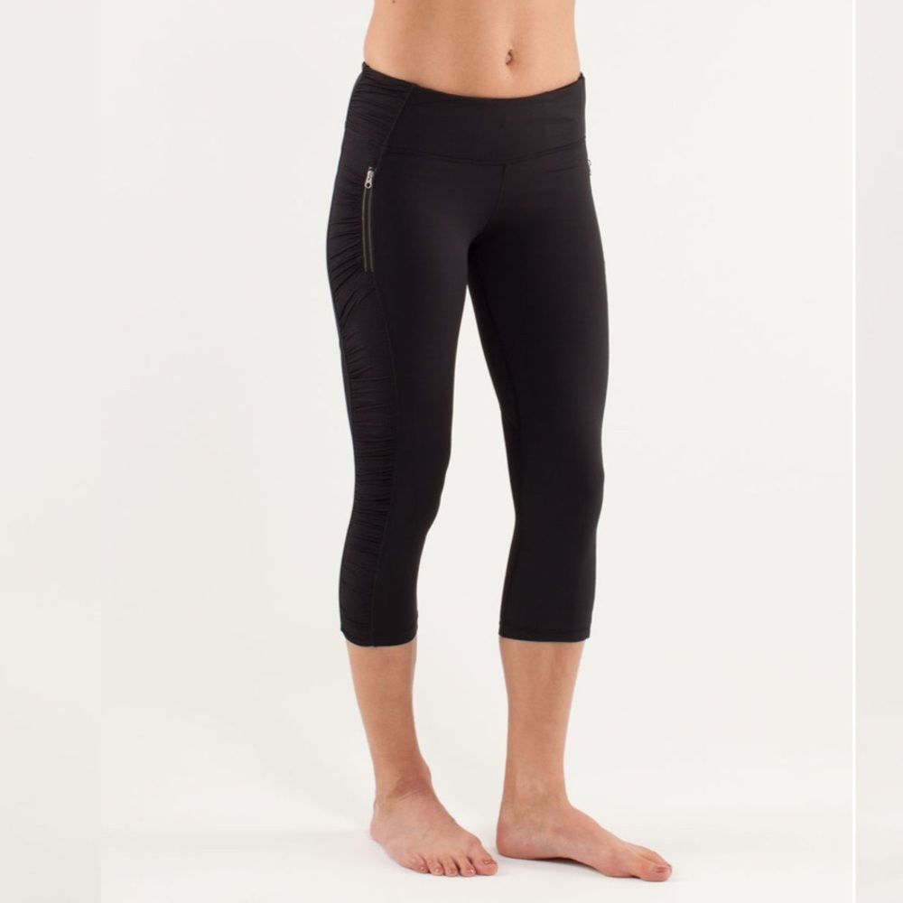 Lululemon Run In The Sun Crop Pants Ruched Zip Pockets Legging Stretch Black 4